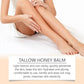 Woman applying tallow honey balm for hydrated, plump skin — gentle, non-sticky body care
