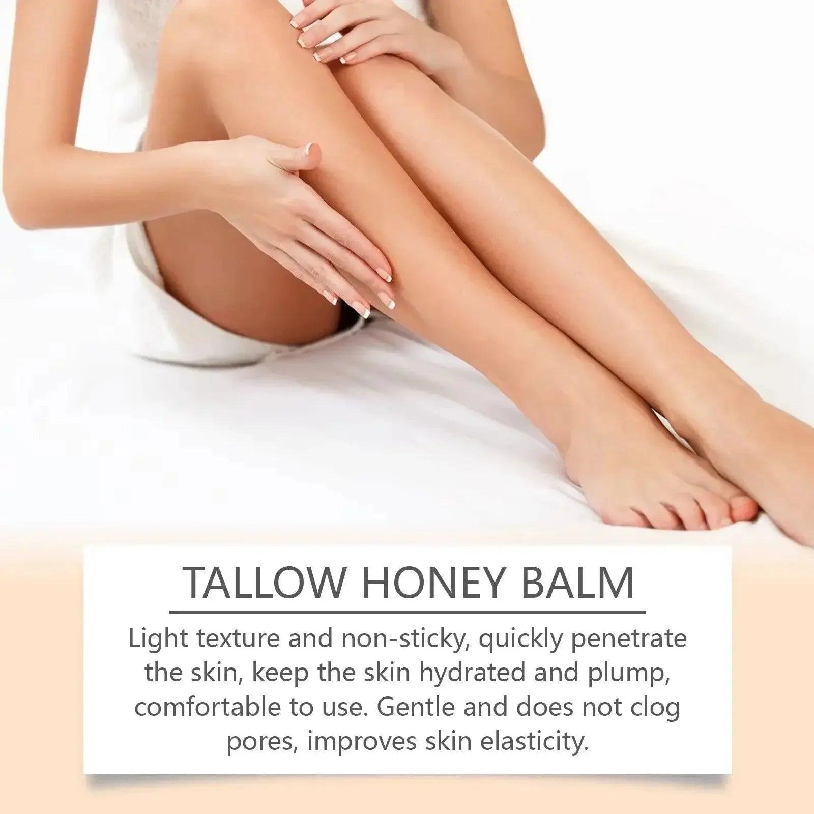 Woman applying tallow honey balm for hydrated, plump skin — gentle, non-sticky body care