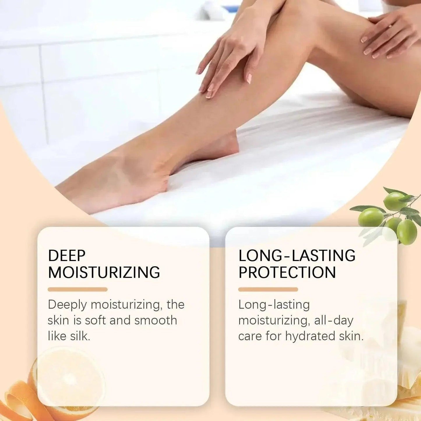 Woman applying deep moisturizing lotion for soft, smooth skin with long-lasting hydration