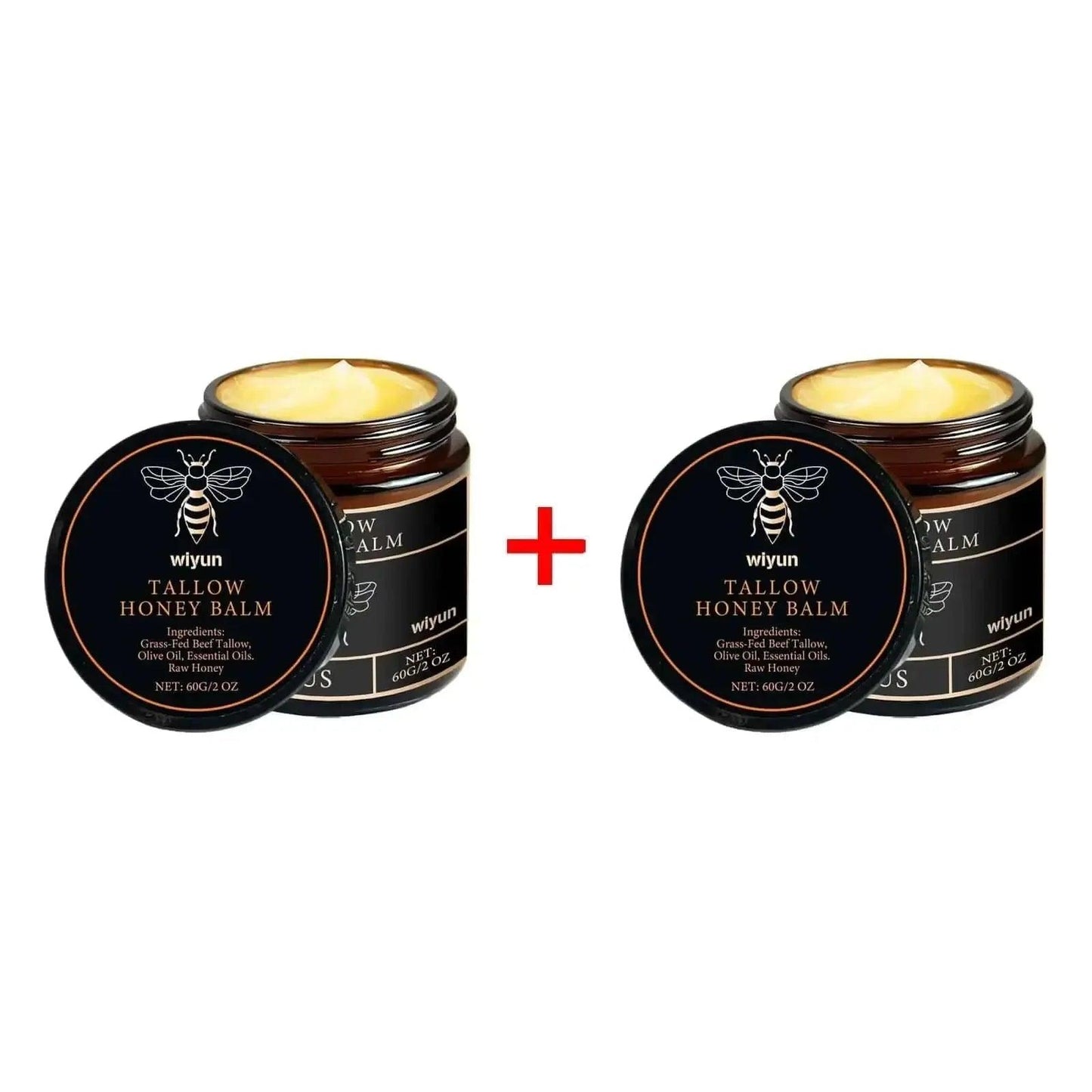 Two jars of Wiyun Tallow Honey Balm with natural ingredients for skin care