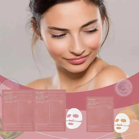 Woman with glowing skin using bio-collagen face mask for beauty and skincare routine