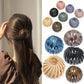 Woman wearing stylish hair claw clip with assorted colorful spiral designs for trendy hairstyles