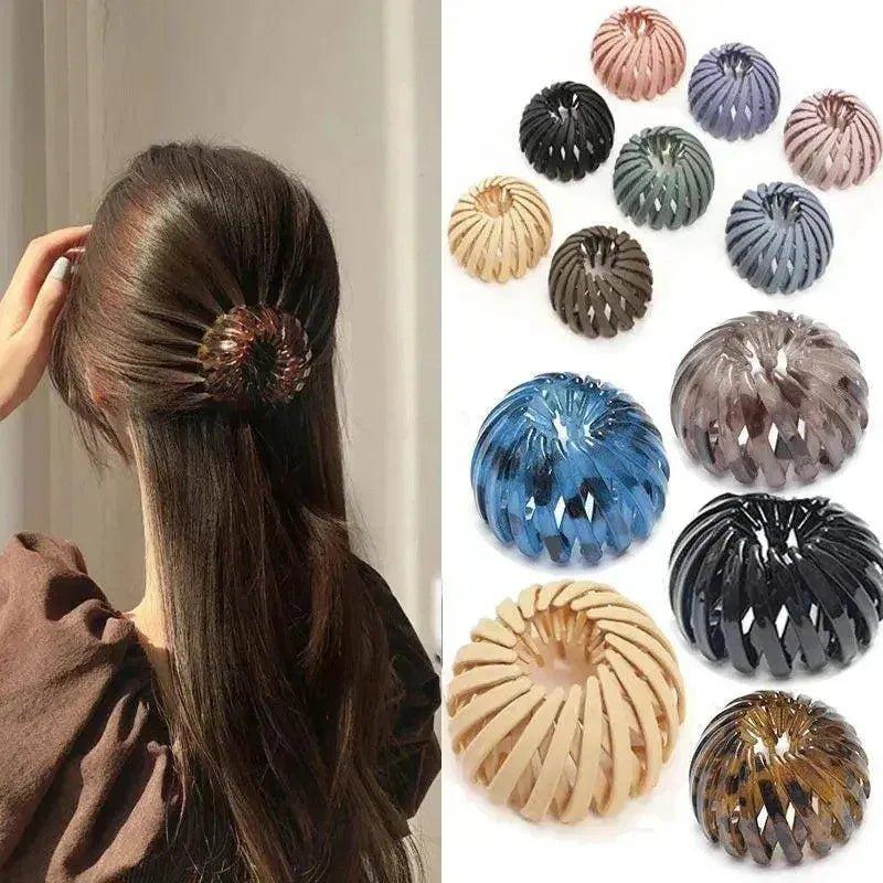 Woman wearing stylish hair claw clip with assorted colorful spiral designs for trendy hairstyles