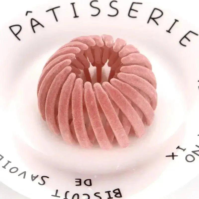 Pink velvet hair scrunchie on Pâtisserie plate, women's fashion accessory