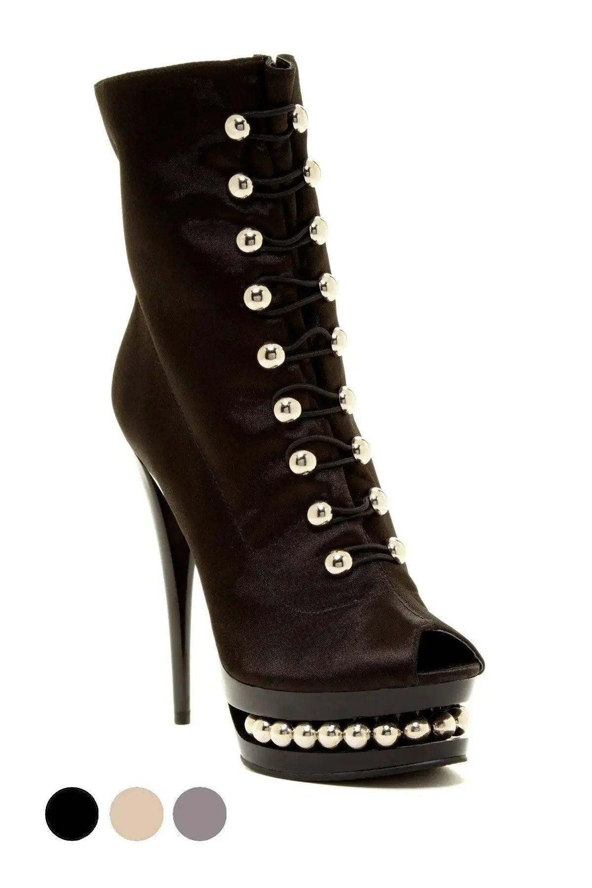 Black peep-toe stiletto boot with lace-up front and metallic studs, women's fashion footwear