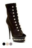 Black peep-toe stiletto boot with lace-up front and metallic studs, women's fashion footwear