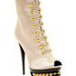 Beige peep-toe high heel boot with gold stud laces and platform, women's fashion footwear