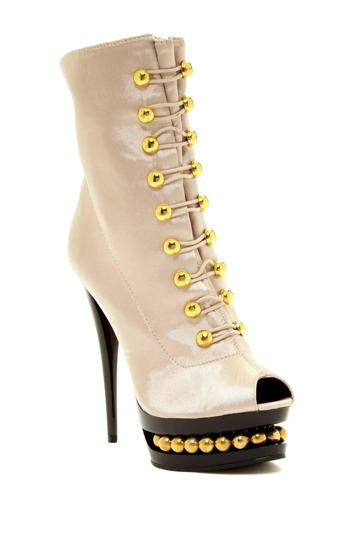 Beige peep-toe high heel boot with gold stud laces and platform, women's fashion footwear