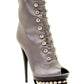 Grey satin peep-toe ankle boot with studded laces and platform heel for women's fashion