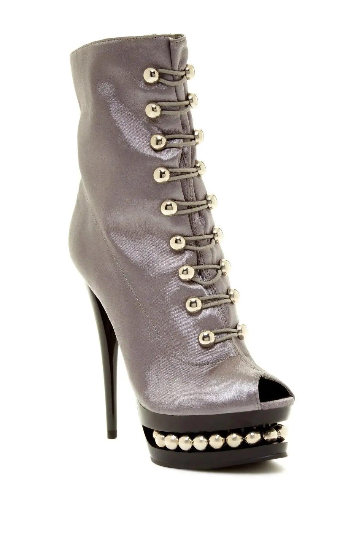 Grey satin peep-toe ankle boot with studded laces and platform heel for women's fashion