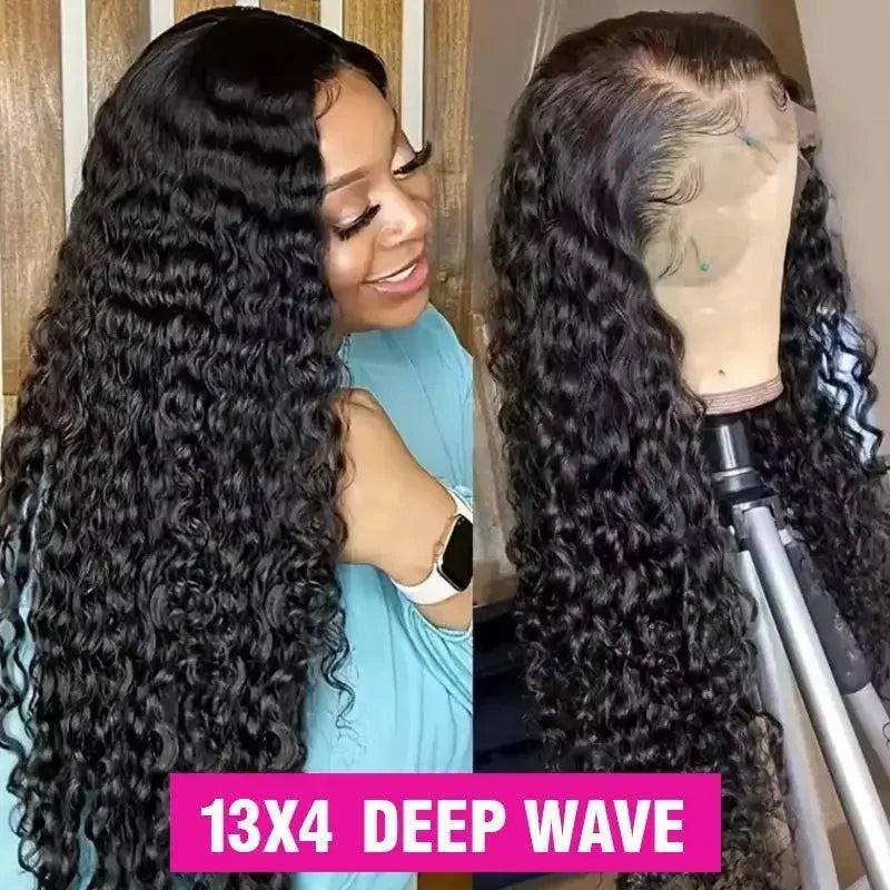 13x4 deep wave lace front wig with natural curls, shown on model and mannequin for women's fashion