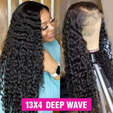 13x4 deep wave lace front wig with natural curls, shown on model and mannequin for women's fashion