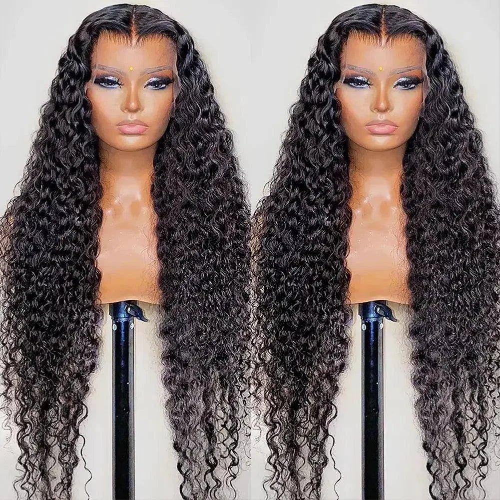 Long curly black lace front wig on mannequin, women's fashion hairpiece