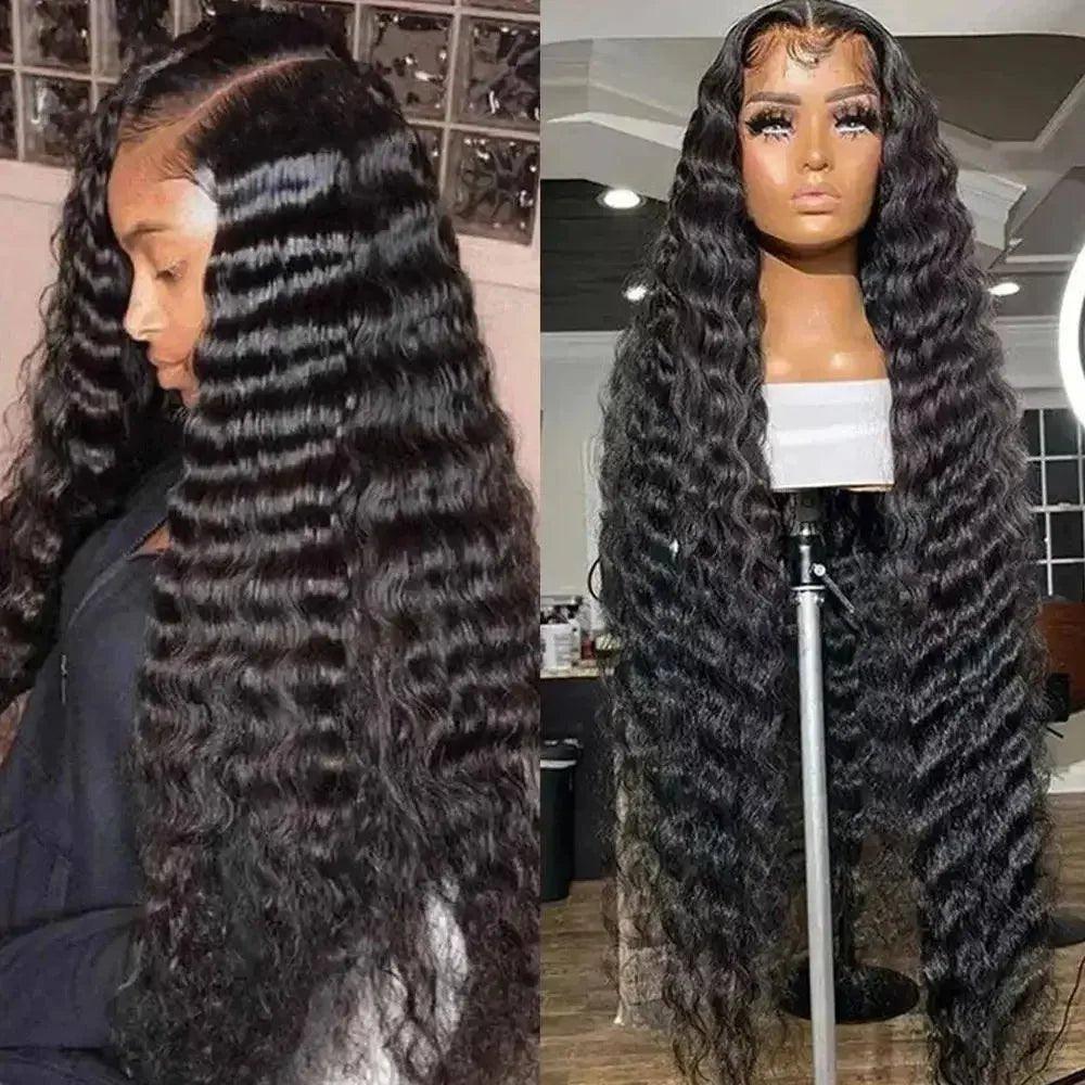 Long wavy black lace front wig on model and mannequin, women's fashion hair extension