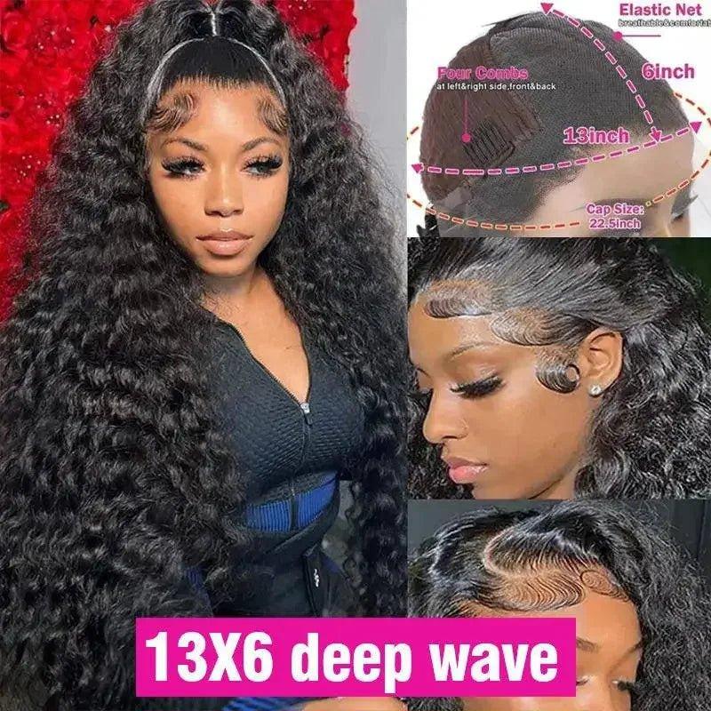 13x6 deep wave lace front wig with elastic net and combs, natural curly hair styling for women