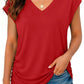 Red V-neck women's t-shirt with ruched side, paired with distressed denim shorts for casual fashion