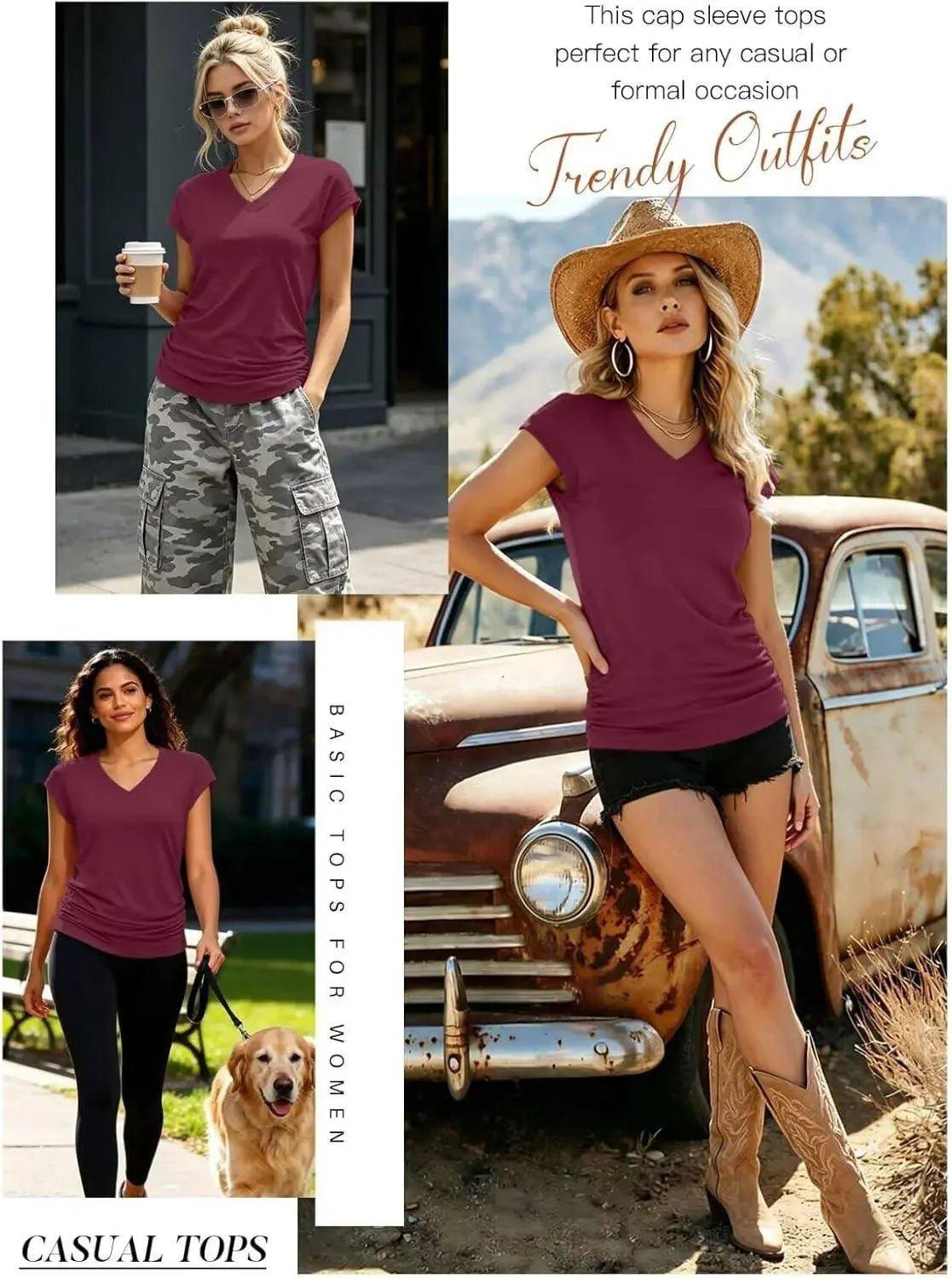 Women's burgundy cap sleeve V-neck tops for casual or trendy outfits, styled with cargo pants, shorts, or leggings