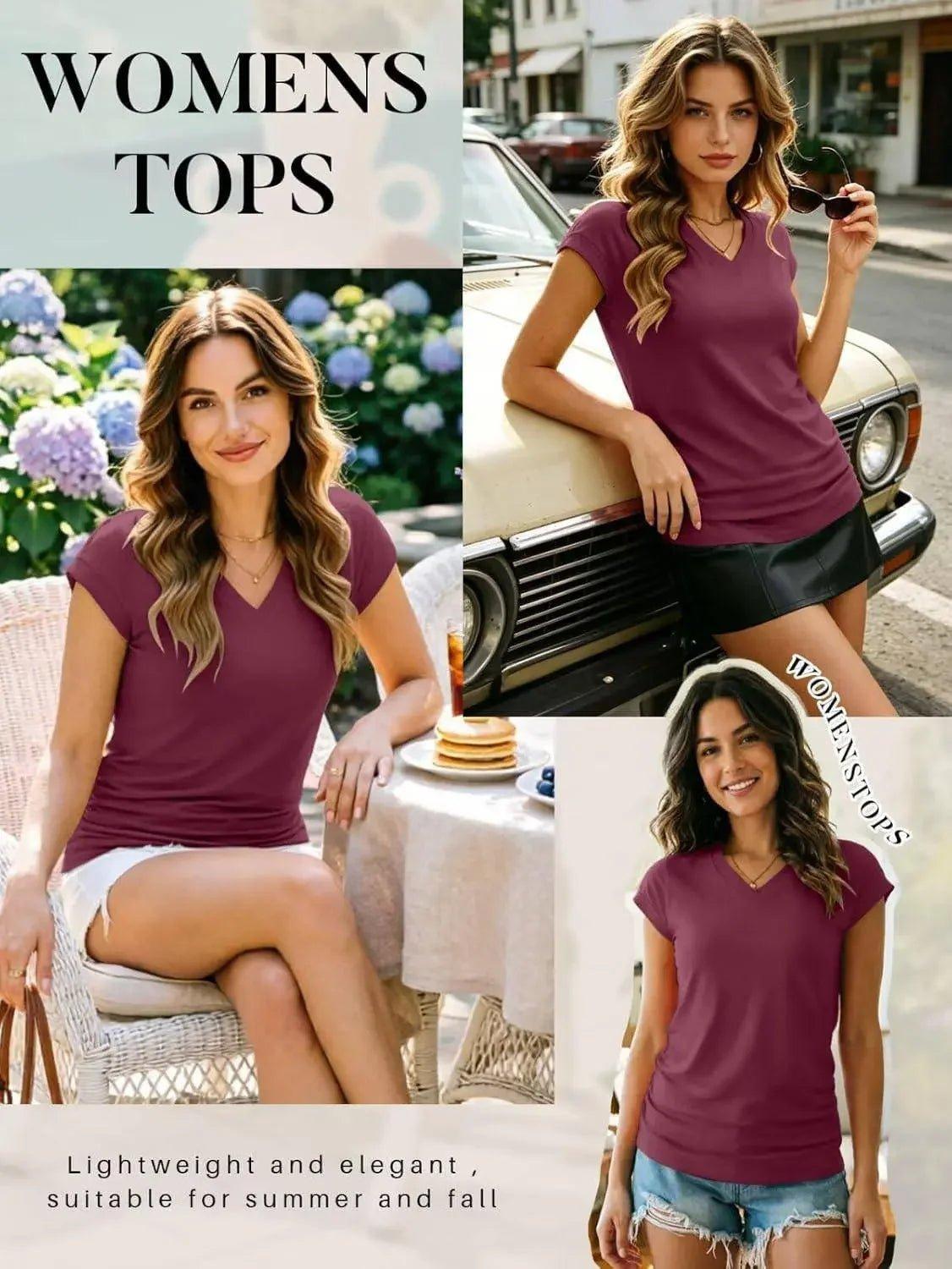 Women's lightweight V-neck tops in burgundy, perfect for summer and fall fashion