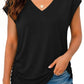 Black V-neck women's fashion top with cap sleeves, paired with distressed denim shorts for casual style