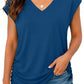 Woman wearing blue V-neck short sleeve top with denim shorts, casual summer fashion
