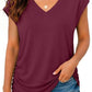 Women's burgundy V-neck t-shirt with ruched side, paired with distressed denim shorts for casual fashion