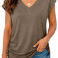 Women's olive green V-neck t-shirt with side ruching, paired with distressed denim shorts for casual fashion