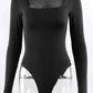 Black long sleeve bodysuit with square neckline, women's fashion