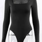 Black long sleeve bodysuit with square neckline, women's fashion wear