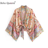 Boho Queens floral kimono with tie-front, colorful paisley print, women's fashion top