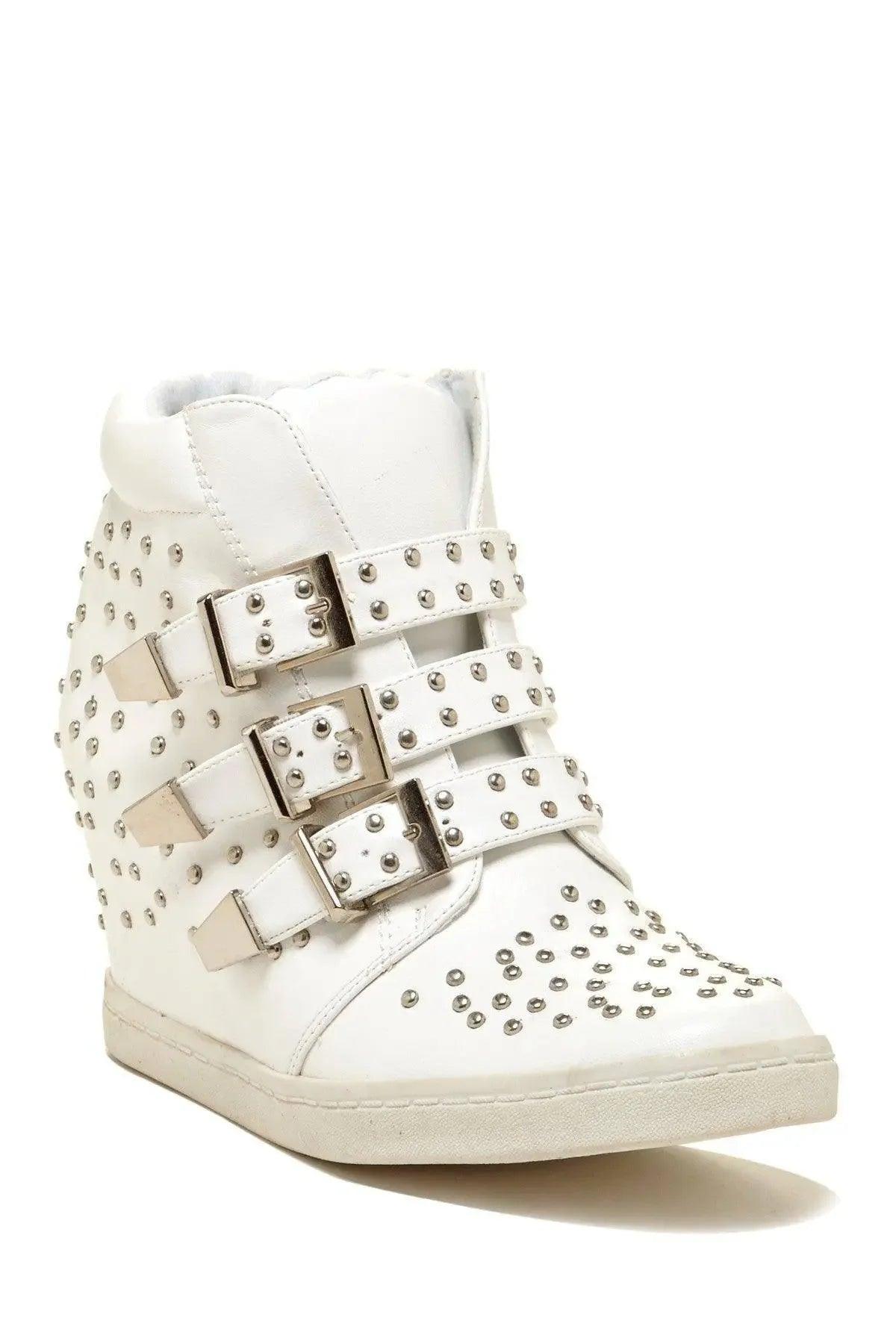White studded wedge sneaker with triple buckle straps for women's fashion