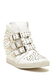 White studded wedge sneaker with triple buckle straps for women's fashion