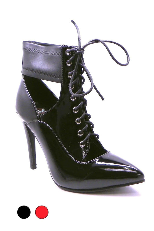 Black patent leather lace-up ankle boot with stiletto heel, women's fashion footwear