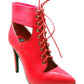 Red lace-up ankle boot with pointed toe and stiletto heel for women's fashion