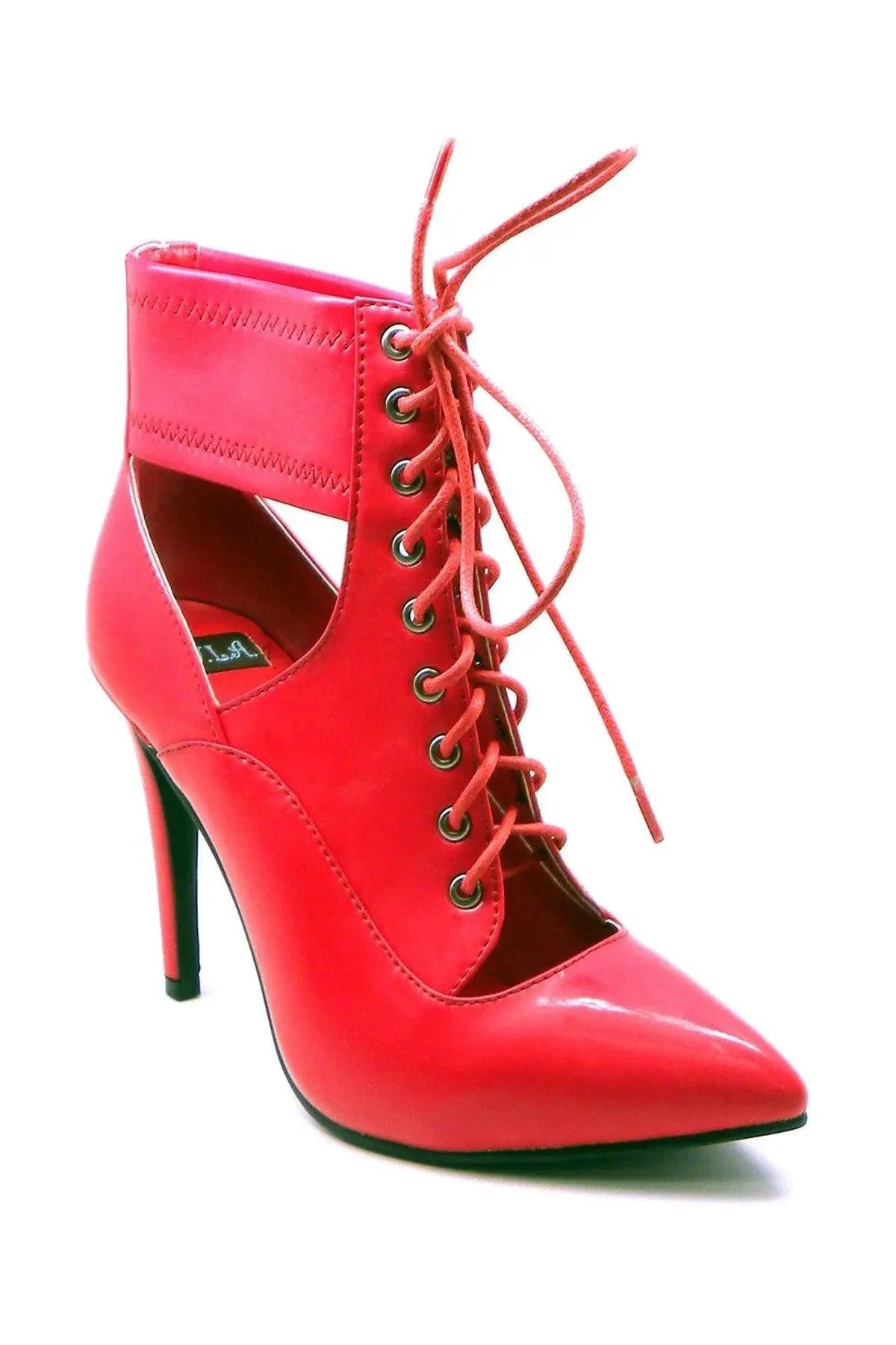 Red lace-up ankle boot with pointed toe and stiletto heel for women's fashion