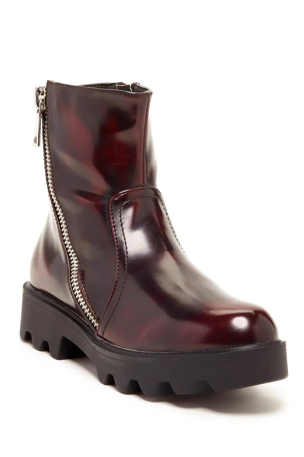 Women's burgundy patent leather ankle boots with side zipper and chunky sole