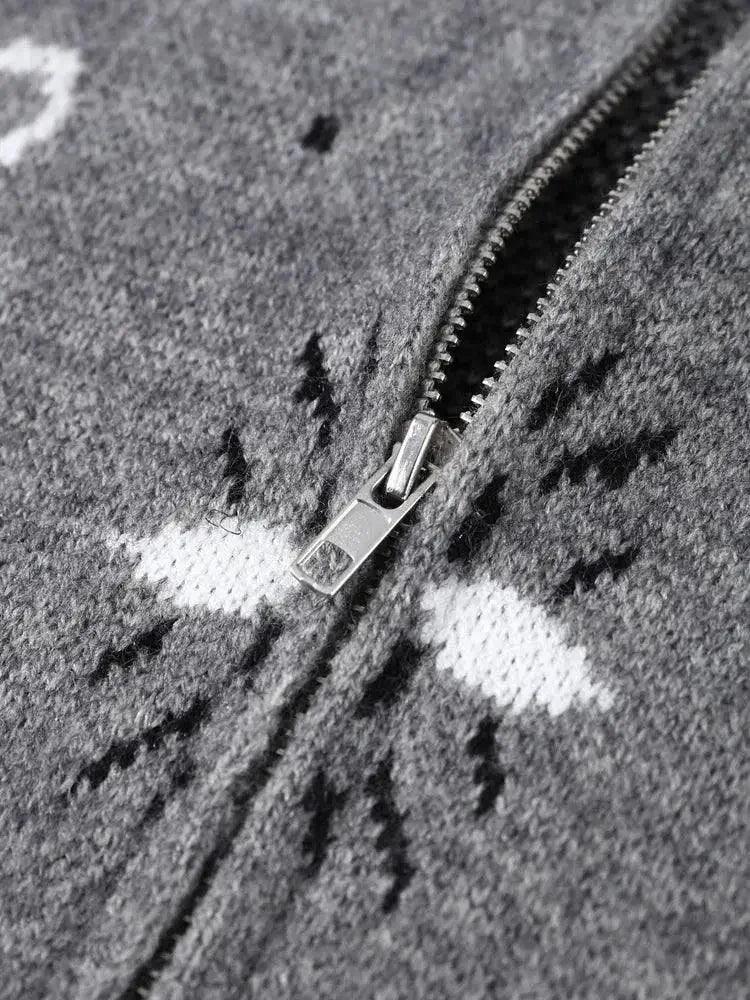 Grey zip-up sweater with geometric pattern, women's fashion
