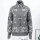 Gray zip-up sweater with white paisley pattern, women's fashion, cozy knit cardigan