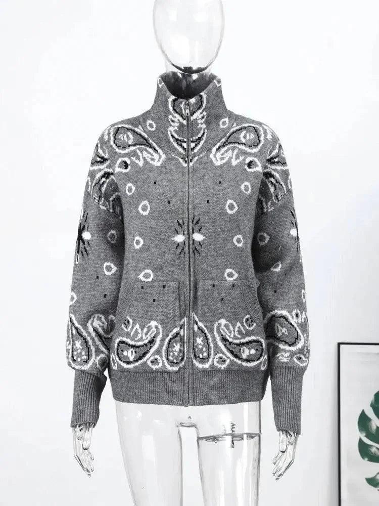 Gray zip-up sweater with white paisley pattern, women's fashion, cozy knit cardigan