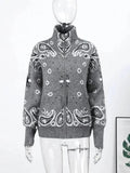 Gray zip-up sweater with white paisley pattern, women's fashion, cozy knit cardigan