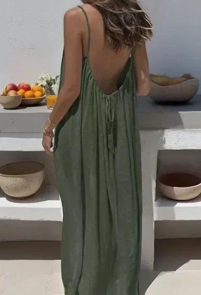 Olive green backless maxi dress for women, stylish summer fashion with open back detail