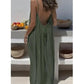 Olive green backless maxi dress for women, summer boho fashion with open back and thin straps