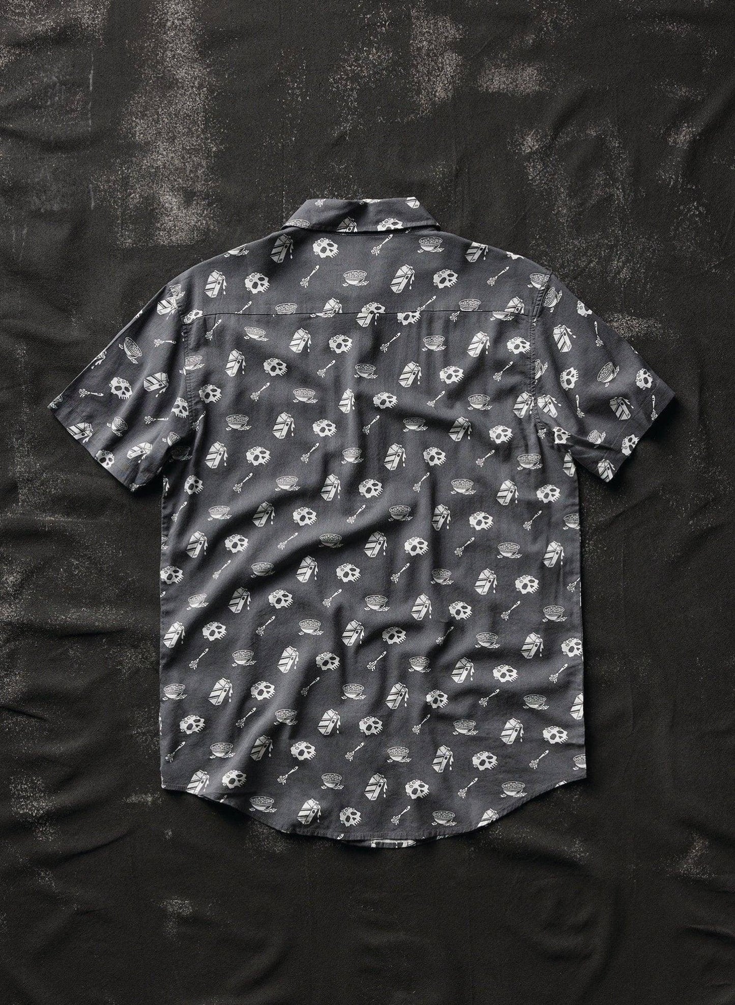 Black short sleeve shirt with skull and bowl print, women's fashion