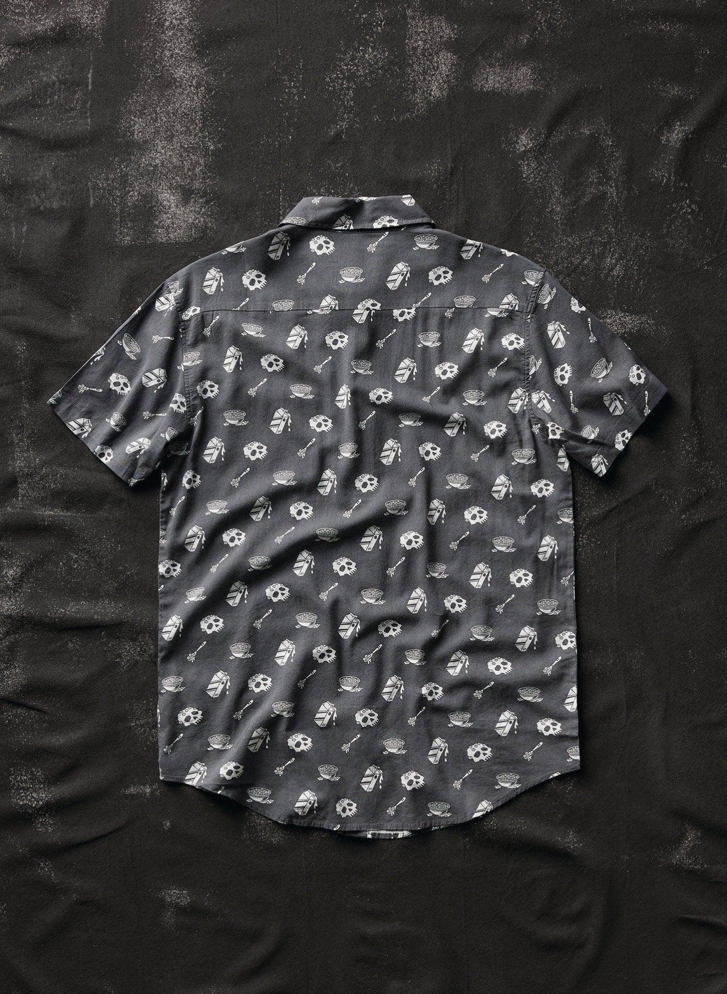 Black short sleeve shirt with skull and bowl print, women's fashion
