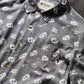 Gray button-up shirt with skull and cereal bowl print, casual fashion top