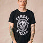 Man wearing black 'Cereal Killer' graphic tee with tattooed arms, casual fashion style