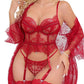 Red lace lingerie set with matching robe, garter straps, and sheer floral detailing for women's fashion