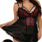 Black and red lace lingerie set with sheer mesh and ruffled hem, plus size women's fashion