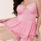 Pink lace lingerie set with ruffled babydoll and fishnet stockings for women's fashion