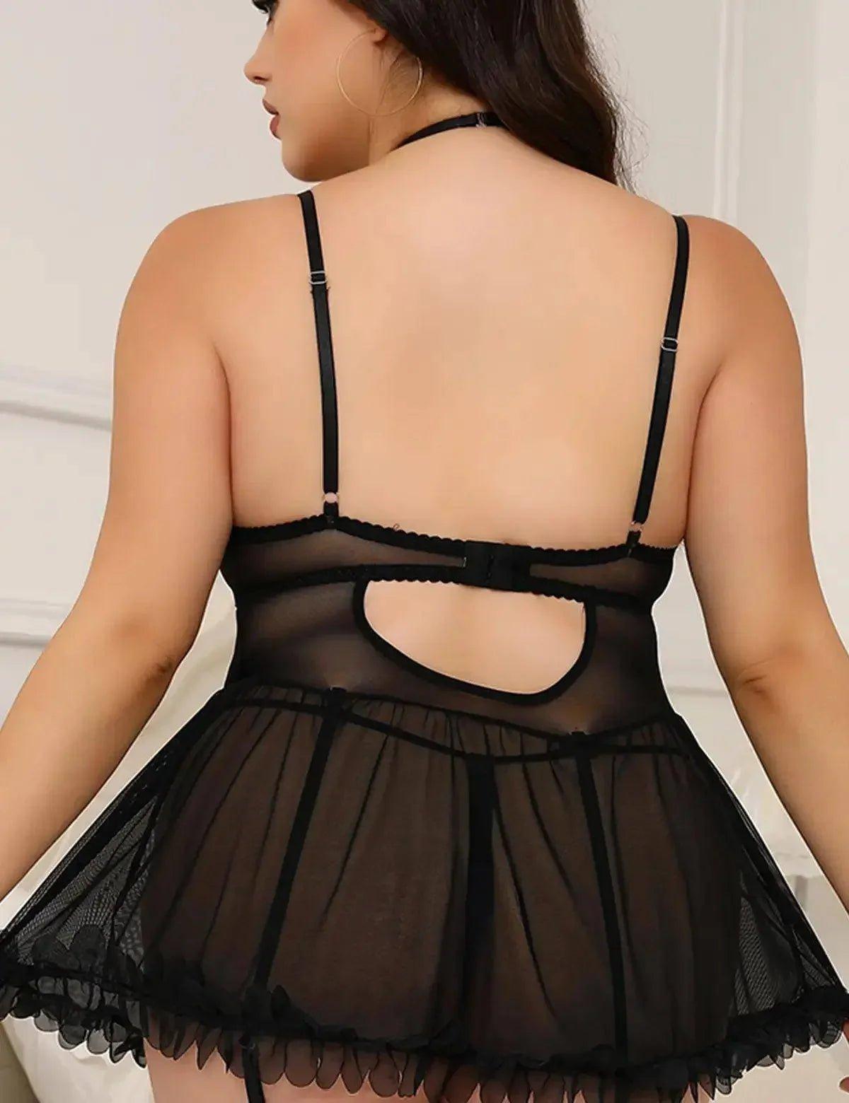 Black sheer lace lingerie set with open back and tulle skirt, women's fashion