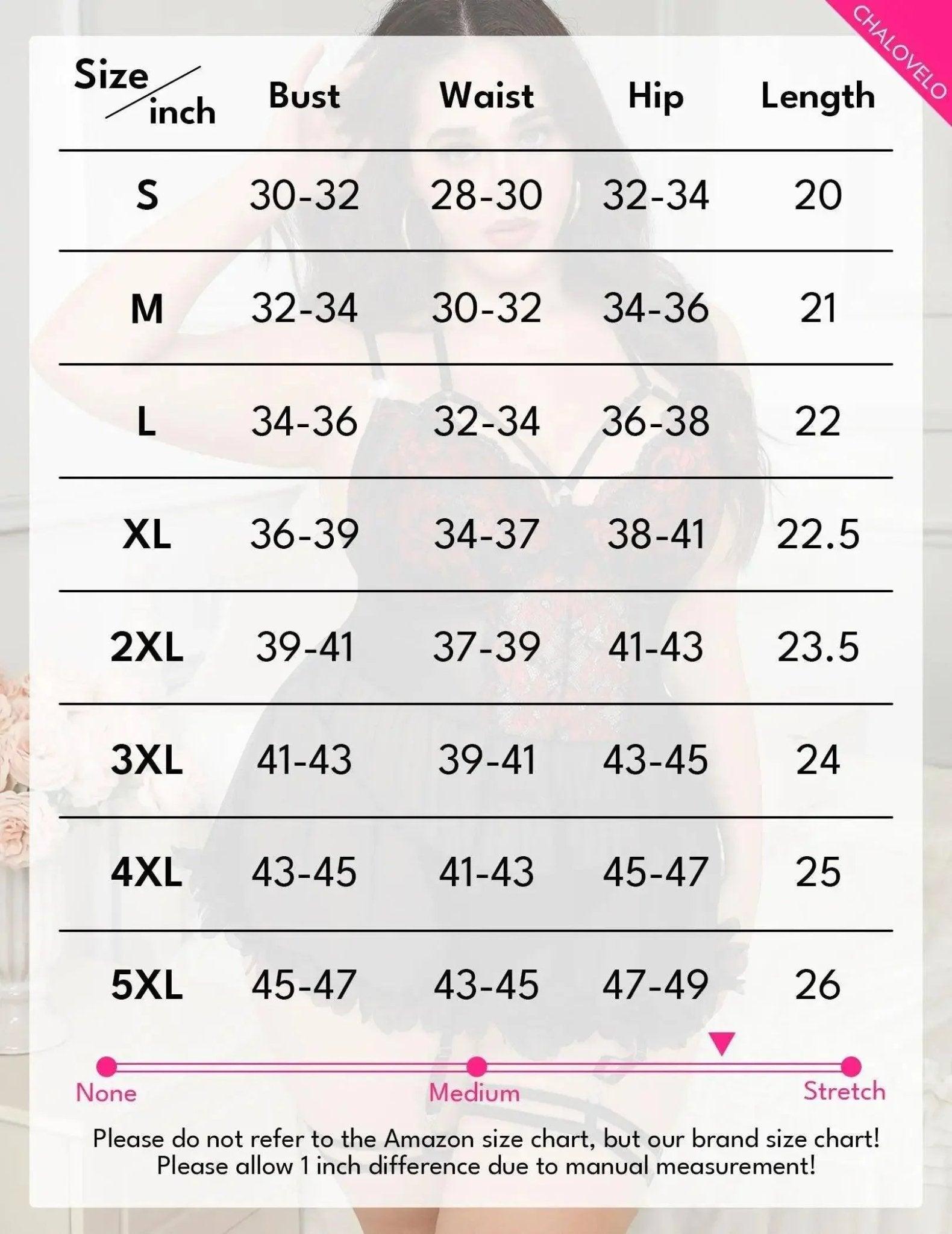 Women's fashion size chart with bust, waist, hip measurements and stretch guide for accurate fit